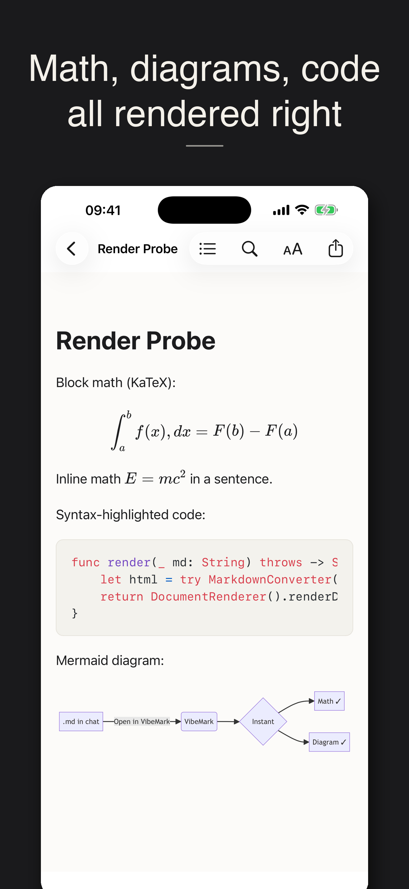 VibeMark rendering math, a Mermaid diagram, and highlighted code